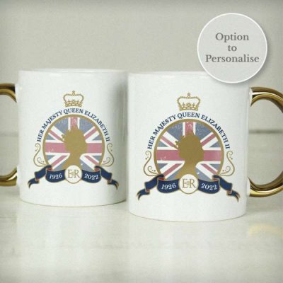 (image for) Personalised Queens Commemorative Union Jack Gold Handle Mug