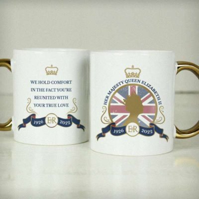 (image for) Personalised Queens Commemorative Union Jack Gold Handle Mug