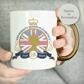 (image for) Personalised Queens Commemorative Union Jack Gold Handle Mug