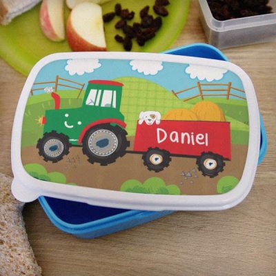 (image for) Personalised Tractor Name Only Blue Lunch Box