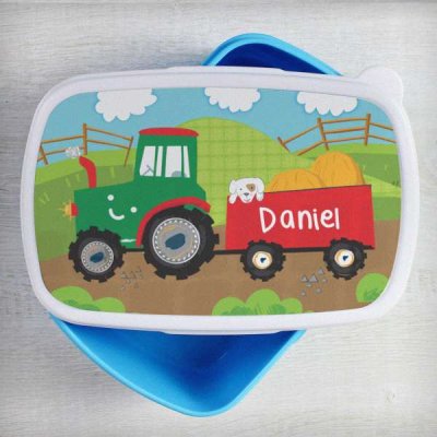 (image for) Personalised Tractor Name Only Blue Lunch Box