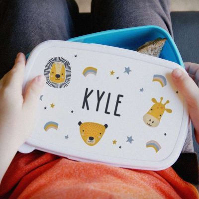 (image for) Personalised Safari Animals Name Only Blue Lunch Box