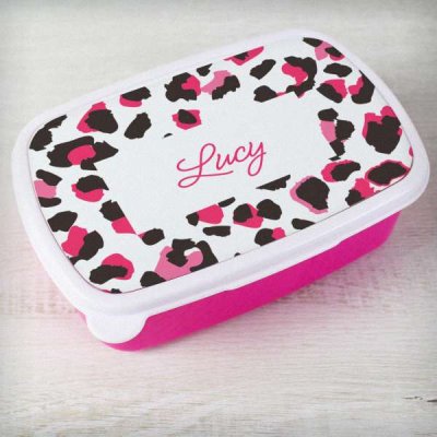 (image for) Personalised Leopard Print Name Only Pink Lunch Box