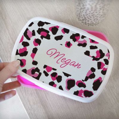 (image for) Personalised Leopard Print Name Only Pink Lunch Box