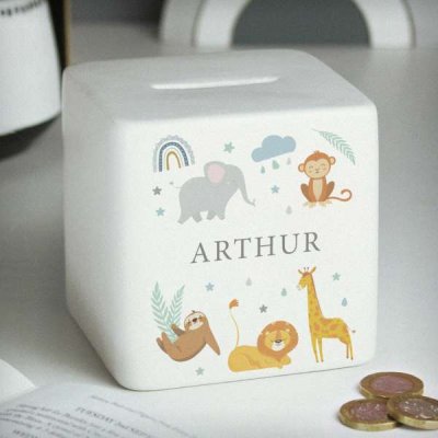 (image for) Personalised Safari Animals Ceramic Square Moneybox