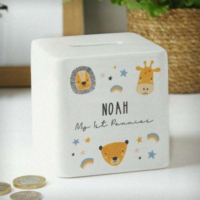 (image for) Personalised Scandi Safari Animals Ceramic Square Money Box