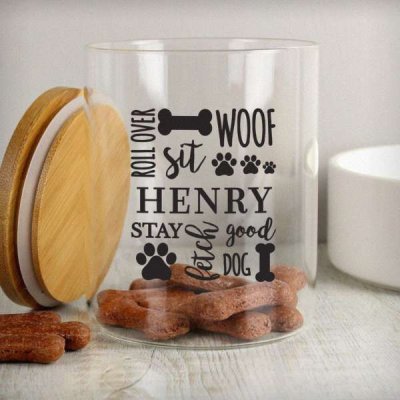 (image for) Personalised Glass Dog Treat Jar with Bamboo Lid