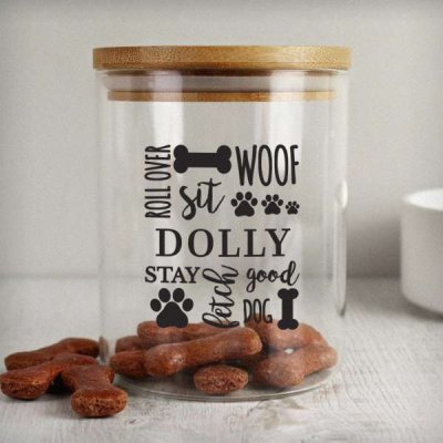 (image for) Personalised Glass Dog Treat Jar with Bamboo Lid