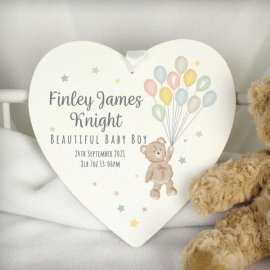 (image for) Personalised Teddy & Balloons White Wooden Heart