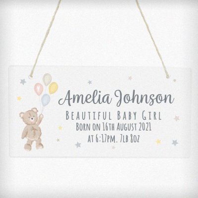 (image for) Personalised Teddy & Balloons White Wooden Sign