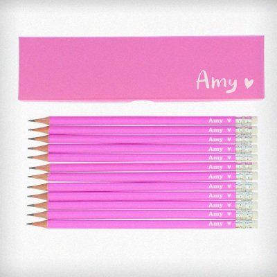 (image for) Personalised Heart Box and 12 Pink HB Pencils