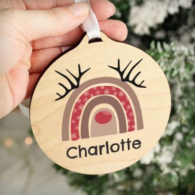 (image for) Personalised Rainbow Reindeer Round Wooden Bauble Decoration