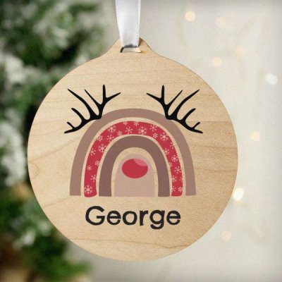 (image for) Personalised Rainbow Reindeer Round Wooden Bauble Decoration