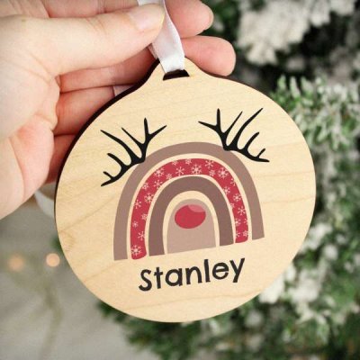 (image for) Personalised Rainbow Reindeer Round Wooden Bauble Decoration