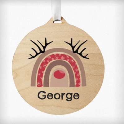 (image for) Personalised Rainbow Reindeer Round Wooden Bauble Decoration