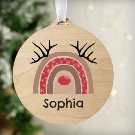 (image for) Personalised Rainbow Reindeer Round Wooden Bauble Decoration