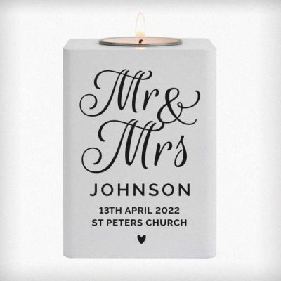 (image for) Personalised Mr & Mrs White Wooden Tea light Holder