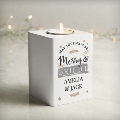 (image for) Personalised Merry & Bright White Wooden Tea light Holder