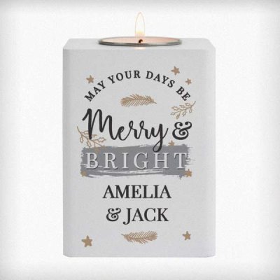 (image for) Personalised Merry & Bright White Wooden Tea light Holder