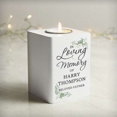 (image for) Personalised In Loving Memory White Wooden Tea light Holder