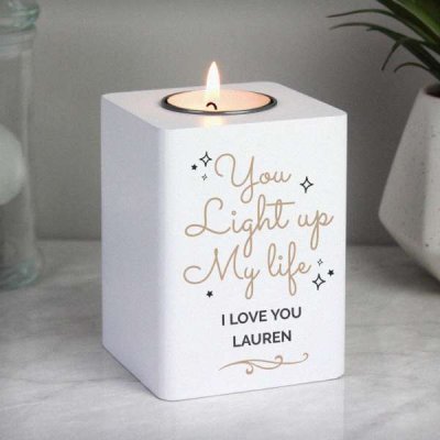 (image for) Personalised Light Up My Life White Wooden Tea light Holder