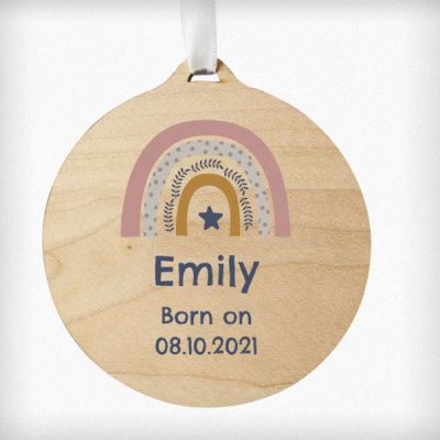 (image for) Personalised Pink Rainbow Round Wooden Bauble Decoration