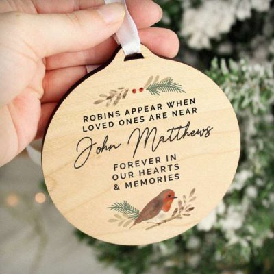 (image for) Personalised Robin Memorial Round Wooden Bauble Decoration