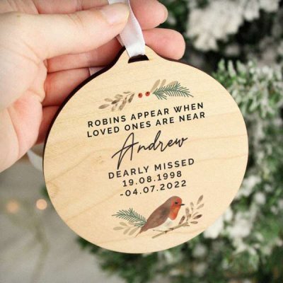 (image for) Personalised Robin Memorial Round Wooden Bauble Decoration