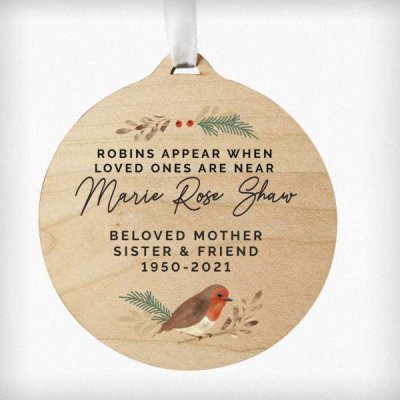 (image for) Personalised Robin Memorial Round Wooden Bauble Decoration