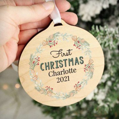 (image for) Personalised Wreath Round Wooden Bauble Decoration