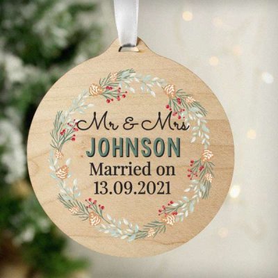 (image for) Personalised Wreath Round Wooden Bauble Decoration