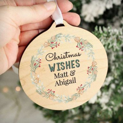 (image for) Personalised Wreath Round Wooden Bauble Decoration