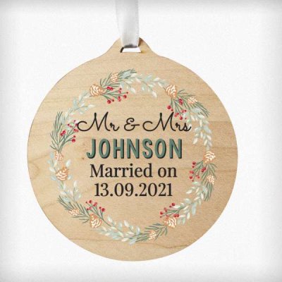 (image for) Personalised Wreath Round Wooden Bauble Decoration