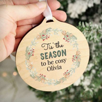 (image for) Personalised Wreath Round Wooden Bauble Decoration