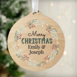 (image for) Personalised Wreath Round Wooden Bauble Decoration