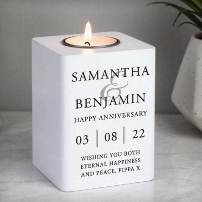 (image for) Personalised Couples White Wooden Tea light Holder