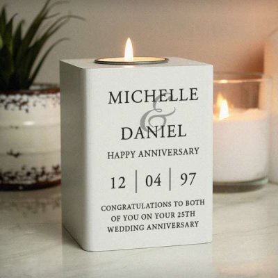 (image for) Personalised Couples White Wooden Tea light Holder