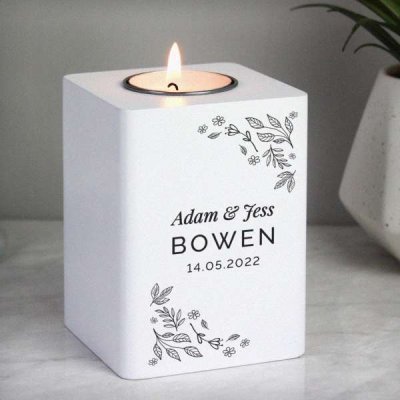 (image for) Personalised Floral Leaf White Wooden Tea Light Holder