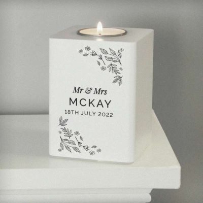 (image for) Personalised Floral Leaf White Wooden Tea Light Holder