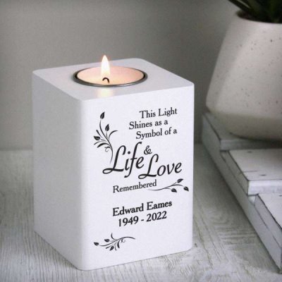 (image for) Personalised Life & Love White Wooden Tea Light Holder