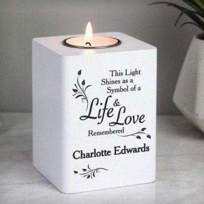 (image for) Personalised Life & Love White Wooden Tea Light Holder