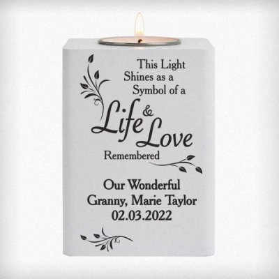 (image for) Personalised Life & Love White Wooden Tea Light Holder