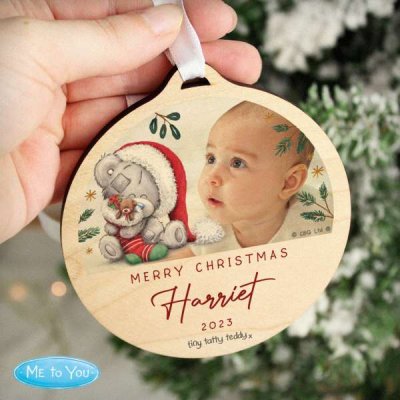 (image for) Personalised First Christmas Tiny Tatty Teddy Photo Upload Round Wooden Decoration