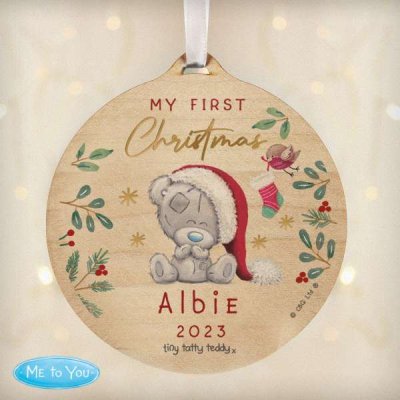 (image for) Personalised First Christmas Tiny Tatty Teddy Round Wooden Decoration