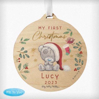 (image for) Personalised First Christmas Tiny Tatty Teddy Round Wooden Decoration