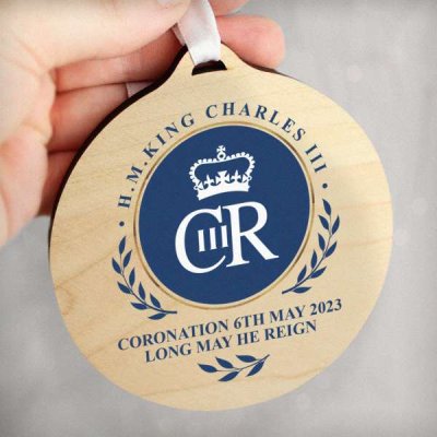 (image for) King Charles III Blue Crest Coronation Commemorative Round Wooden Decoration