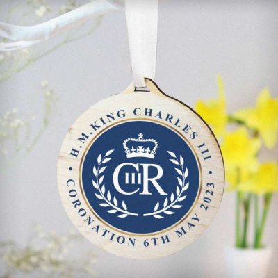 (image for) King Charles III Blue Crest Coronation Commemorative Round Wooden Decoration