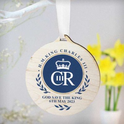 (image for) King Charles III Blue Crest Coronation Commemorative Round Wooden Decoration