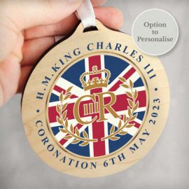 (image for) King Charles III Union Jack Coronation Commemorative Round Wooden Decoration