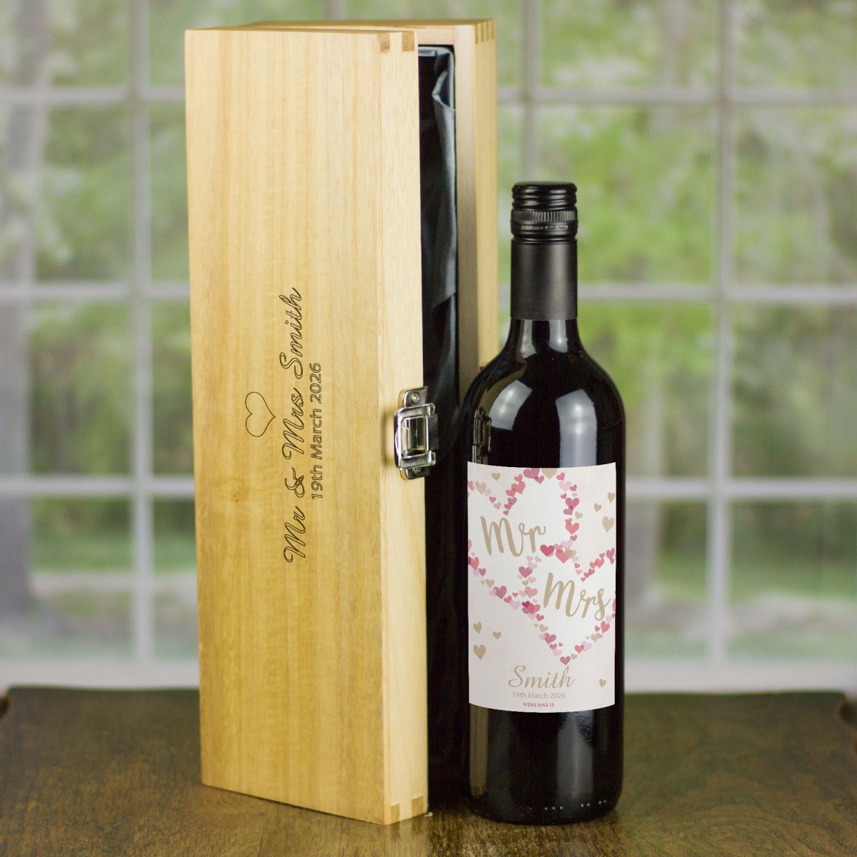 (image for) Wedding Confetti Hearts Personalised Wine and Engraved Box Gift Set